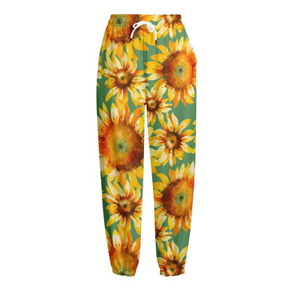 Sage Watercolor Sunflower Pattern Print Fleece Lined Knit Pants