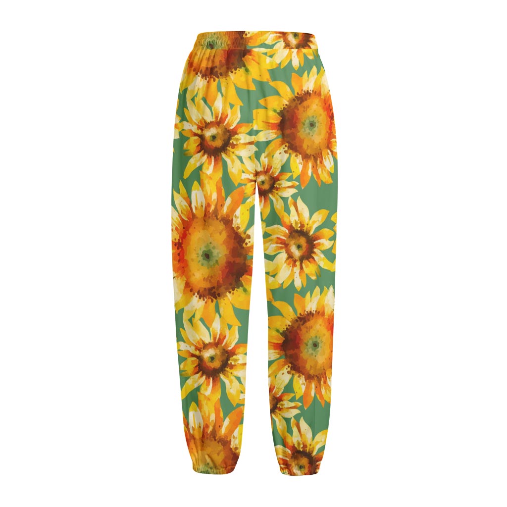 Sage Watercolor Sunflower Pattern Print Fleece Lined Knit Pants