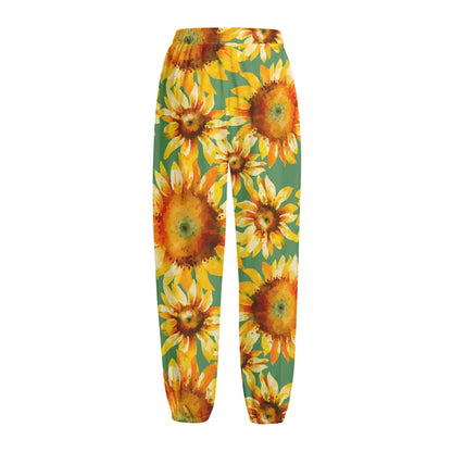 Sage Watercolor Sunflower Pattern Print Fleece Lined Knit Pants
