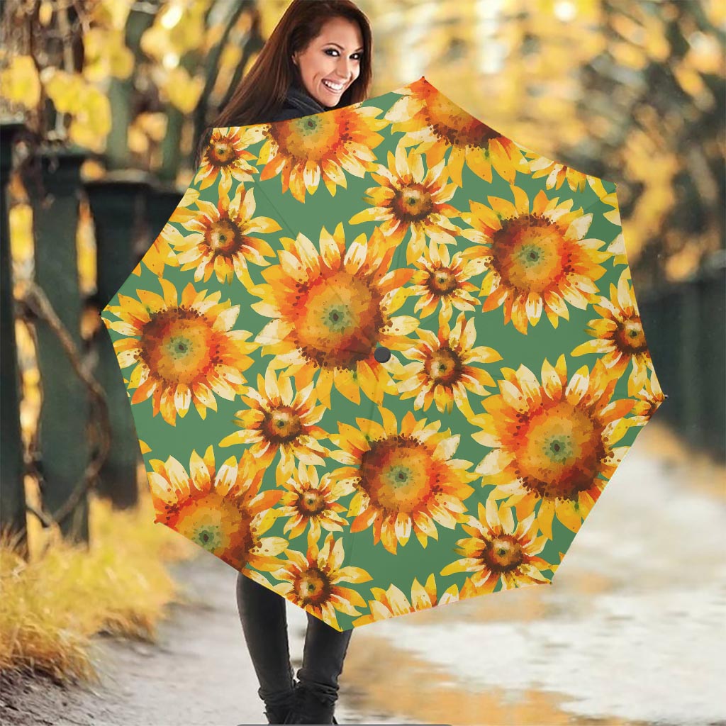 Sage Watercolor Sunflower Pattern Print Foldable Umbrella