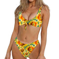 Sage Watercolor Sunflower Pattern Print Front Bow Tie Bikini