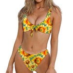 Sage Watercolor Sunflower Pattern Print Front Bow Tie Bikini