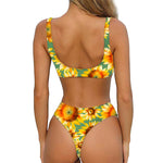 Sage Watercolor Sunflower Pattern Print Front Bow Tie Bikini