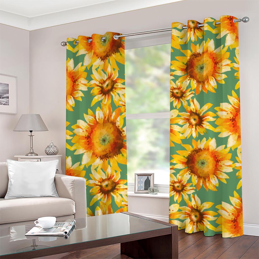 Sage Watercolor Sunflower Pattern Print Grommet Curtains