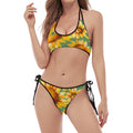 Sage Watercolor Sunflower Pattern Print Halter Scoop Tie Side Bikini