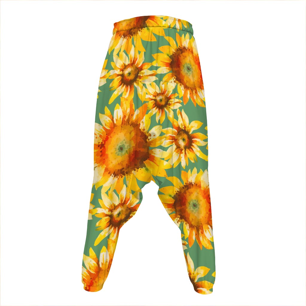 Sage Watercolor Sunflower Pattern Print Hammer Pants