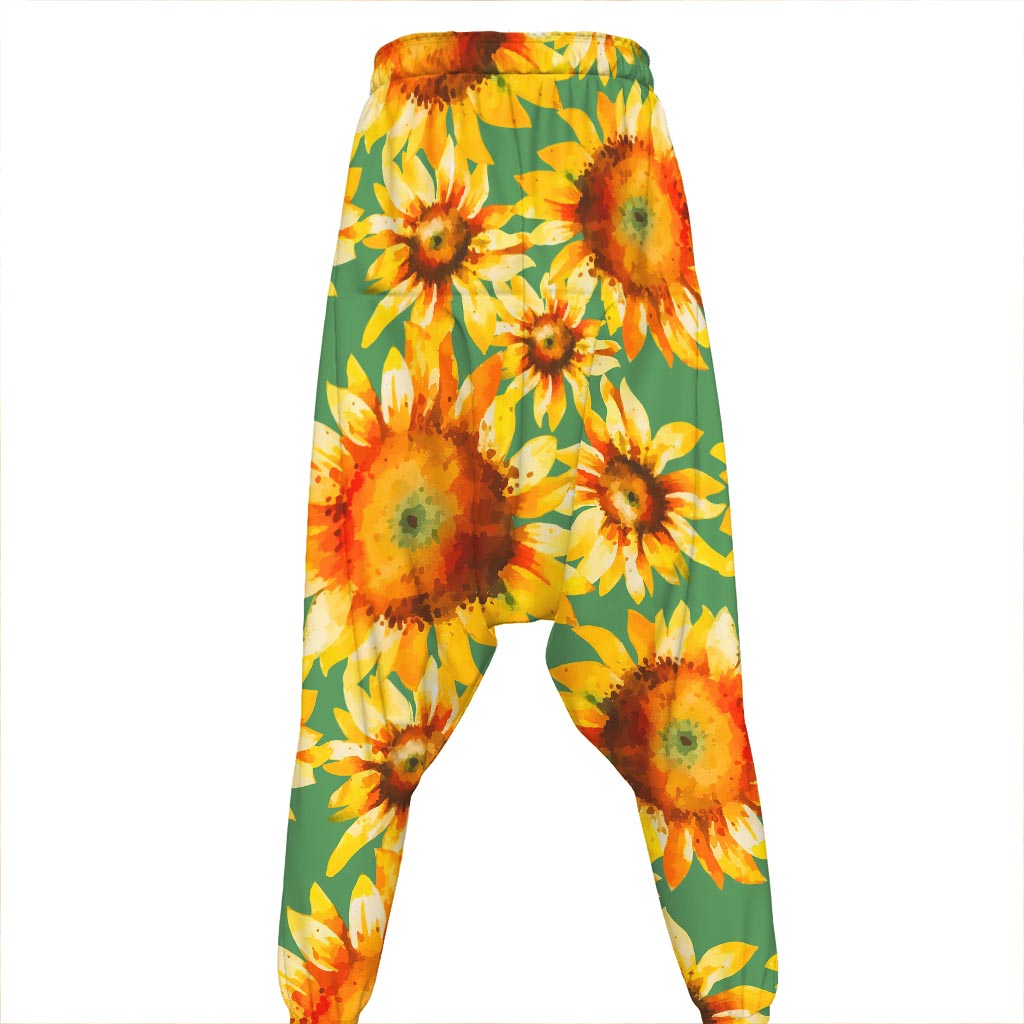 Sage Watercolor Sunflower Pattern Print Hammer Pants