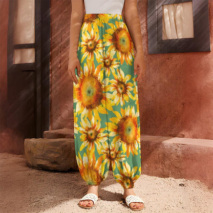 Sage Watercolor Sunflower Pattern Print Harem Pants