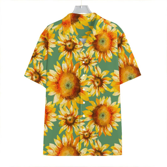 Sage Watercolor Sunflower Pattern Print Hawaiian Shirt