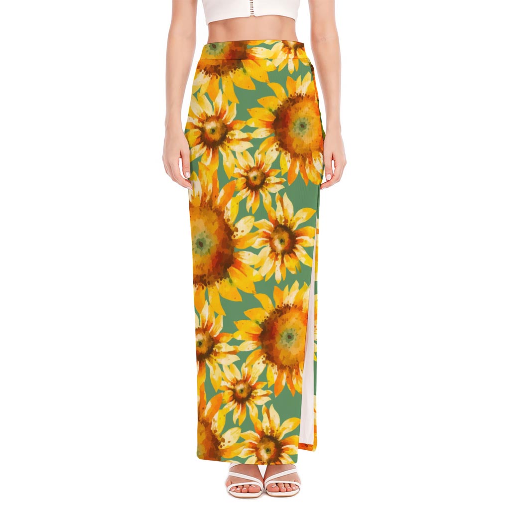 Sage Watercolor Sunflower Pattern Print High Slit Maxi Skirt