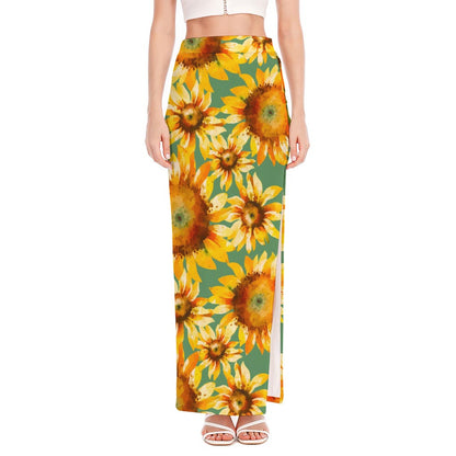 Sage Watercolor Sunflower Pattern Print High Slit Maxi Skirt