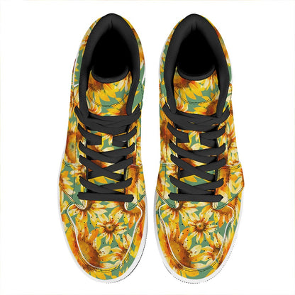Sage Watercolor Sunflower Pattern Print High Top Leather Sneakers