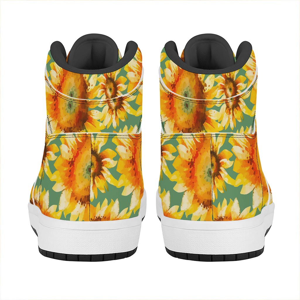 Sage Watercolor Sunflower Pattern Print High Top Leather Sneakers