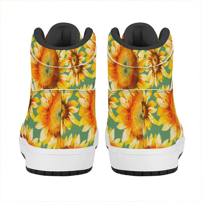 Sage Watercolor Sunflower Pattern Print High Top Leather Sneakers