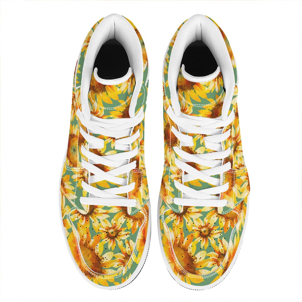 Sage Watercolor Sunflower Pattern Print High Top Leather Sneakers