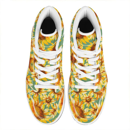 Sage Watercolor Sunflower Pattern Print High Top Leather Sneakers