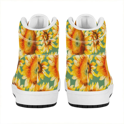 Sage Watercolor Sunflower Pattern Print High Top Leather Sneakers