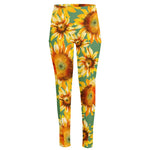 Sage Watercolor Sunflower Pattern Print High-Waisted Pocket Leggings