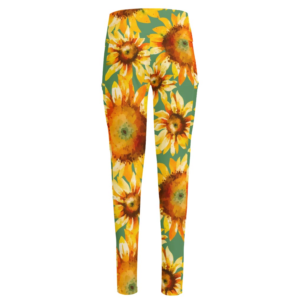 Sage Watercolor Sunflower Pattern Print High-Waisted Pocket Leggings