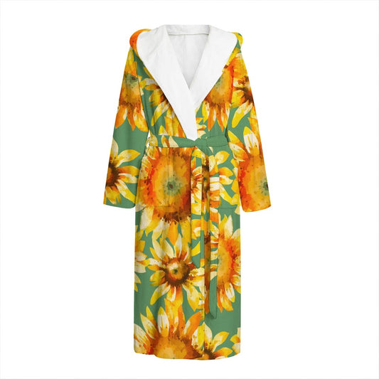 Sage Watercolor Sunflower Pattern Print Hooded Bathrobe