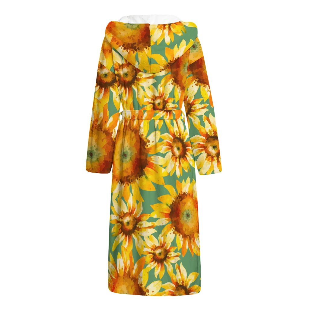 Sage Watercolor Sunflower Pattern Print Hooded Bathrobe