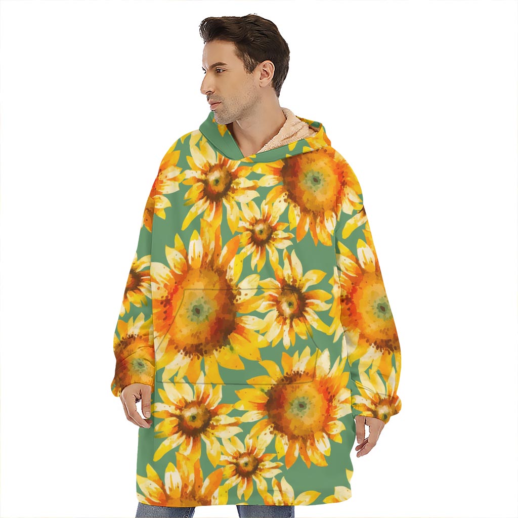 Sage Watercolor Sunflower Pattern Print Hoodie Blanket