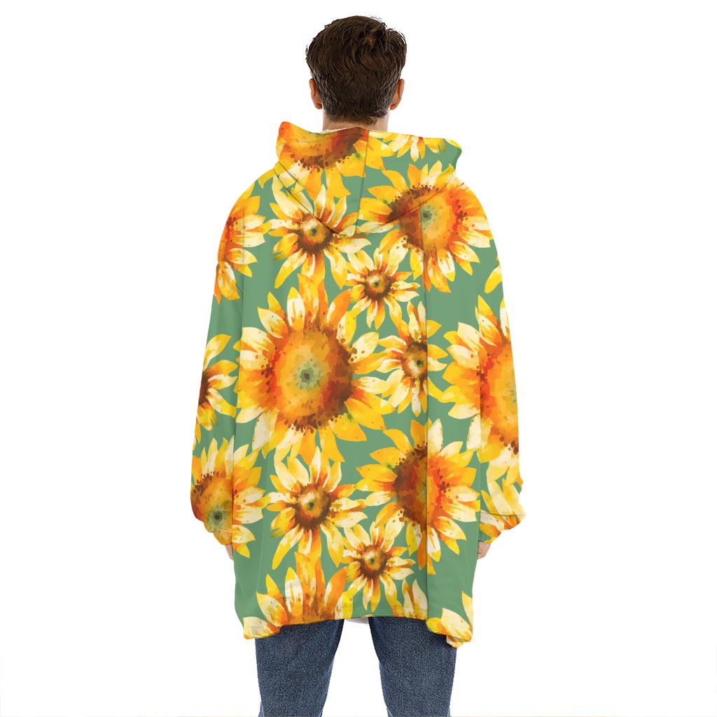 Sage Watercolor Sunflower Pattern Print Hoodie Blanket