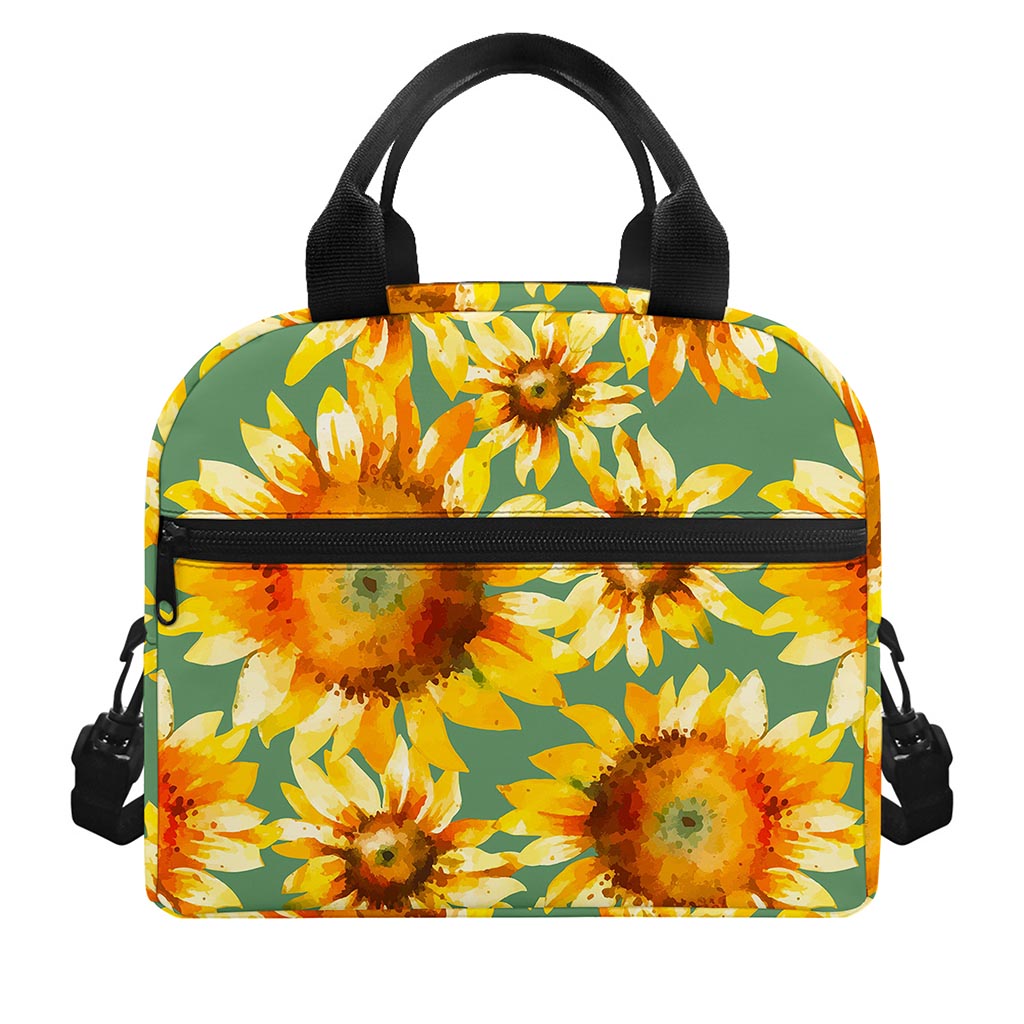 Sage Watercolor Sunflower Pattern Print Insulated Lunch Bag