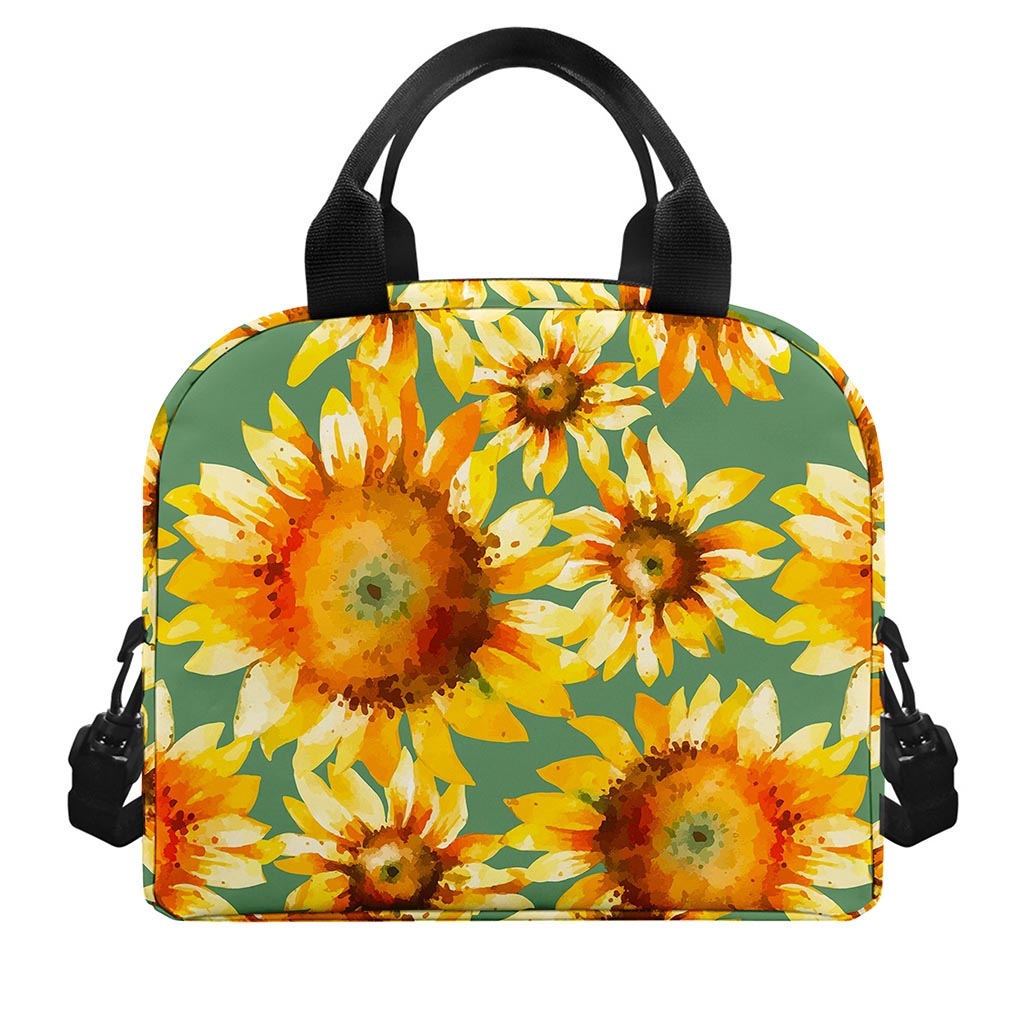 Sage Watercolor Sunflower Pattern Print Insulated Lunch Bag