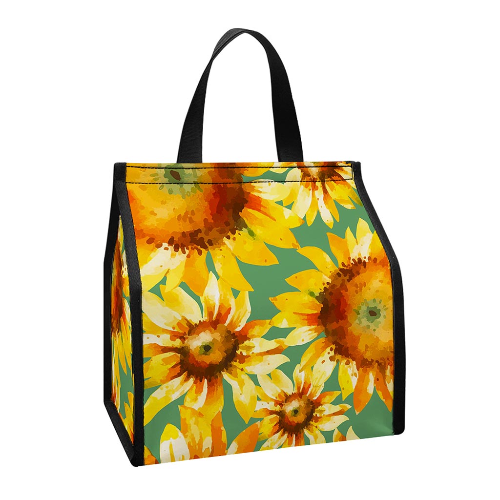 Sage Watercolor Sunflower Pattern Print Insulated Lunch Tote