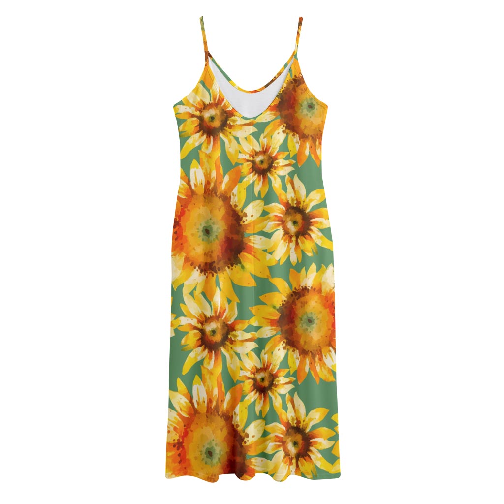Sage Watercolor Sunflower Pattern Print Jersey Midi Cami Dress
