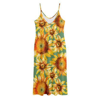 Sage Watercolor Sunflower Pattern Print Jersey Midi Cami Dress