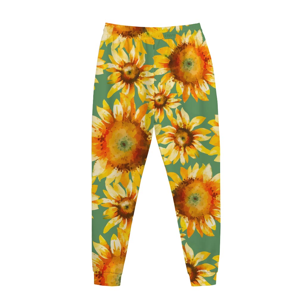 Sage Watercolor Sunflower Pattern Print Jogger Pants