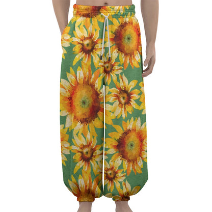 Sage Watercolor Sunflower Pattern Print Lantern Pants