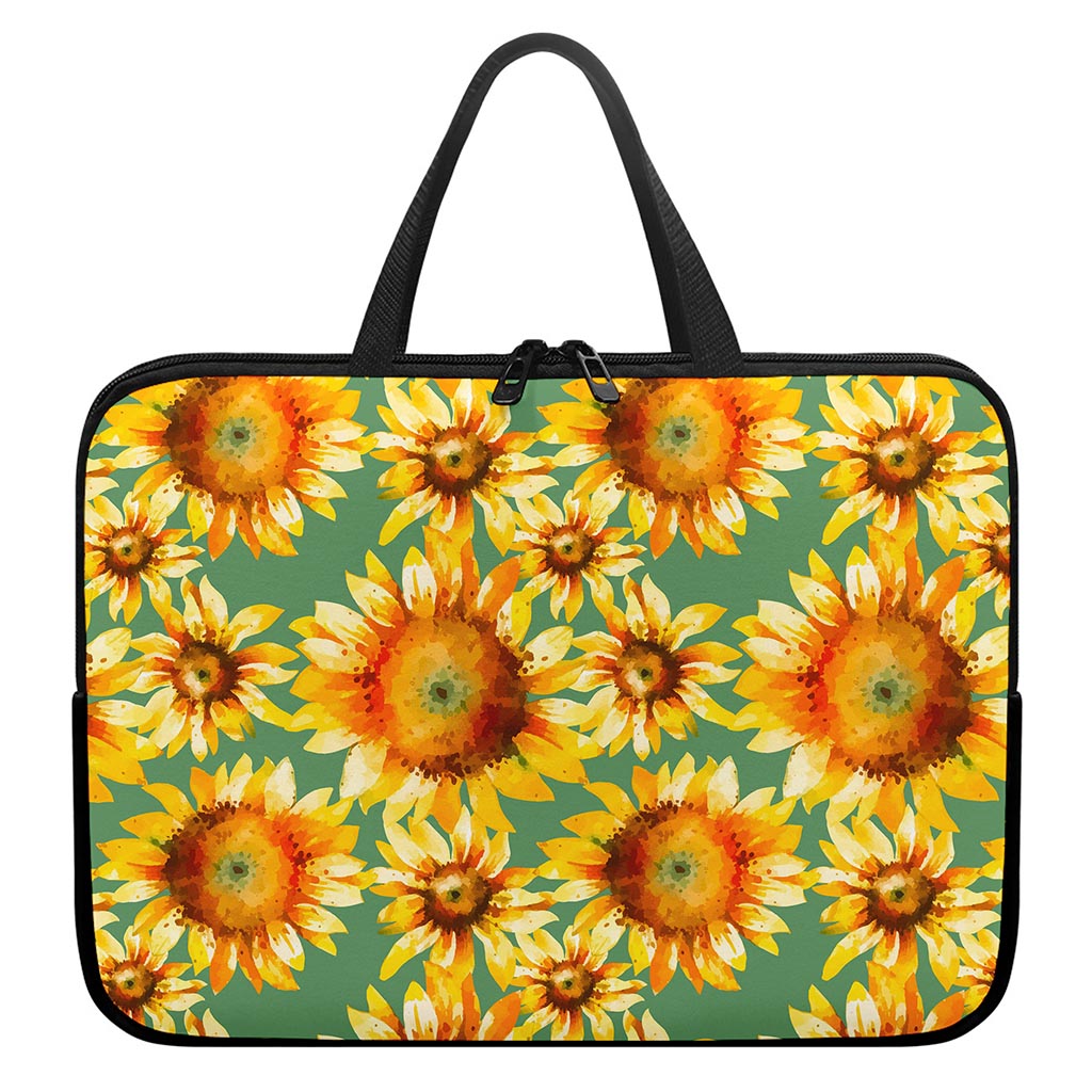 Sage Watercolor Sunflower Pattern Print Laptop Sleeve With Handle