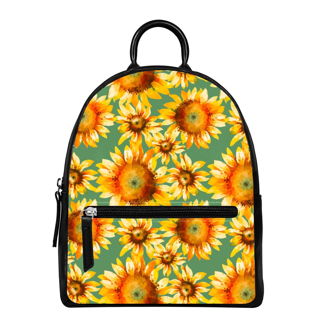 Sage Watercolor Sunflower Pattern Print Leather Backpack