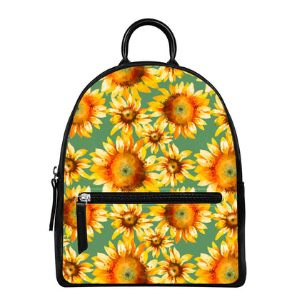 Sage Watercolor Sunflower Pattern Print Leather Backpack