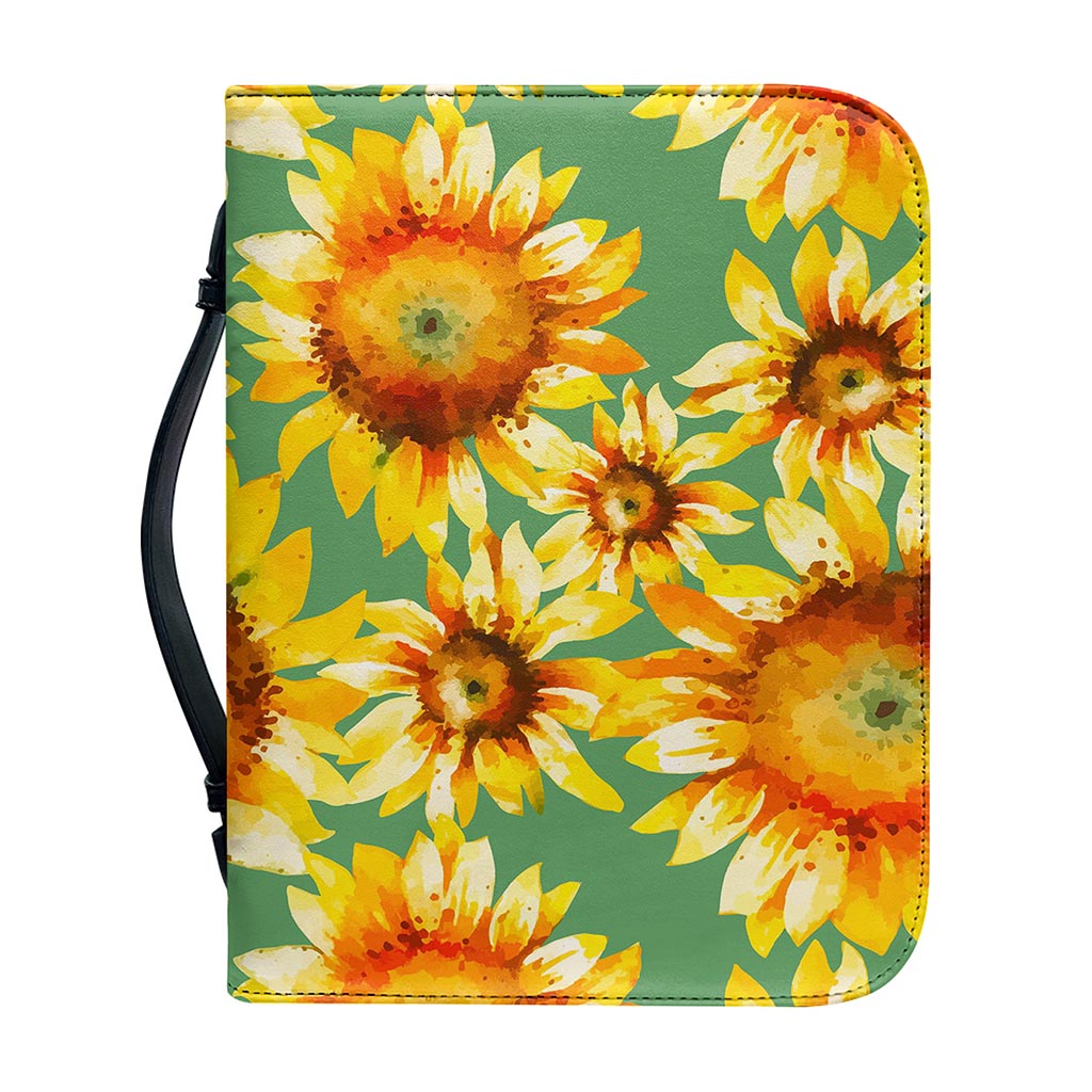 Sage Watercolor Sunflower Pattern Print Leather Bible Cover