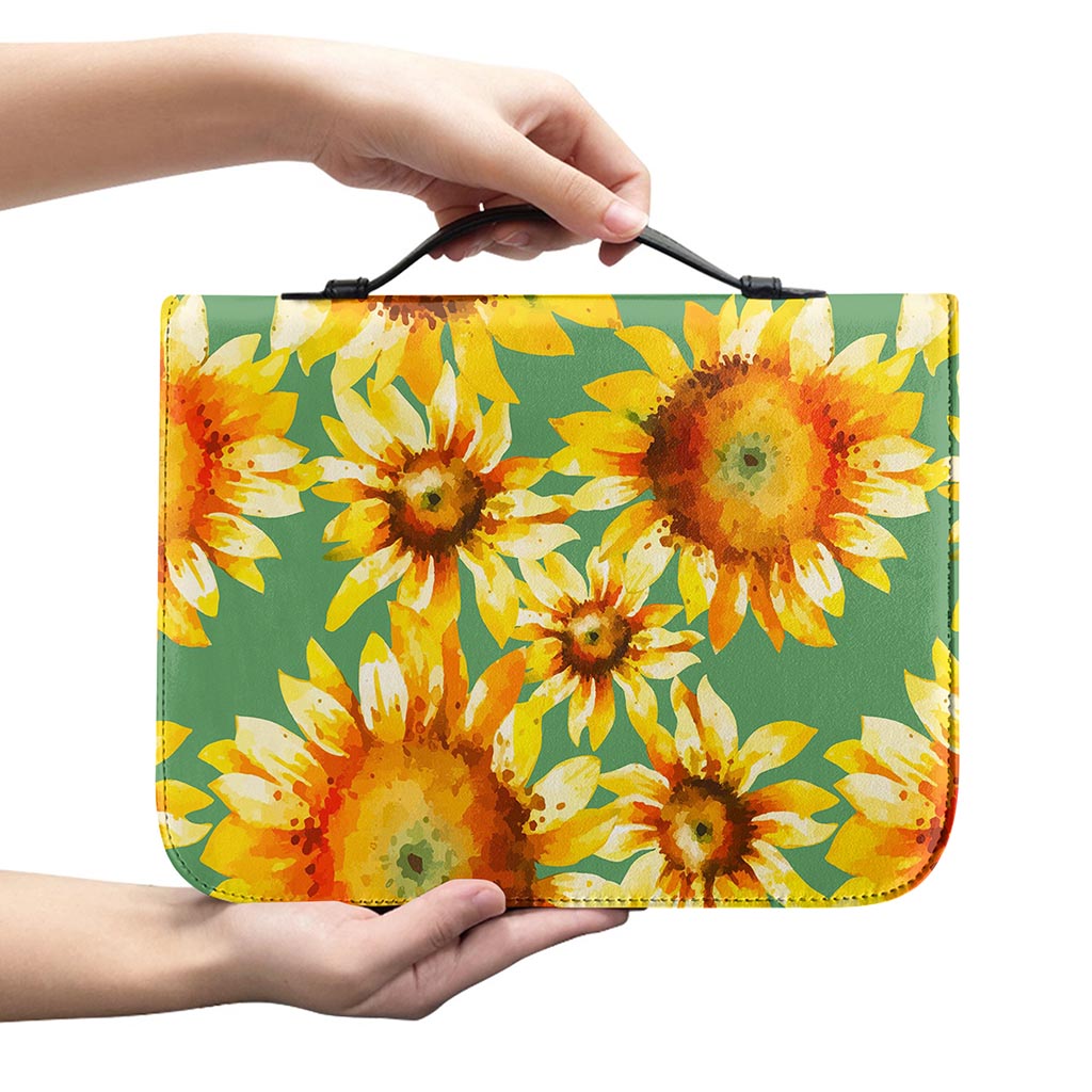Sage Watercolor Sunflower Pattern Print Leather Bible Cover
