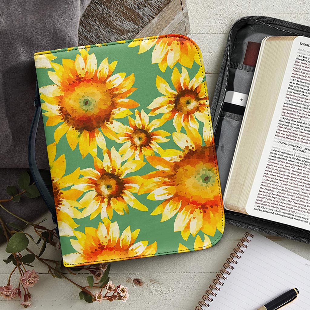 Sage Watercolor Sunflower Pattern Print Leather Bible Cover