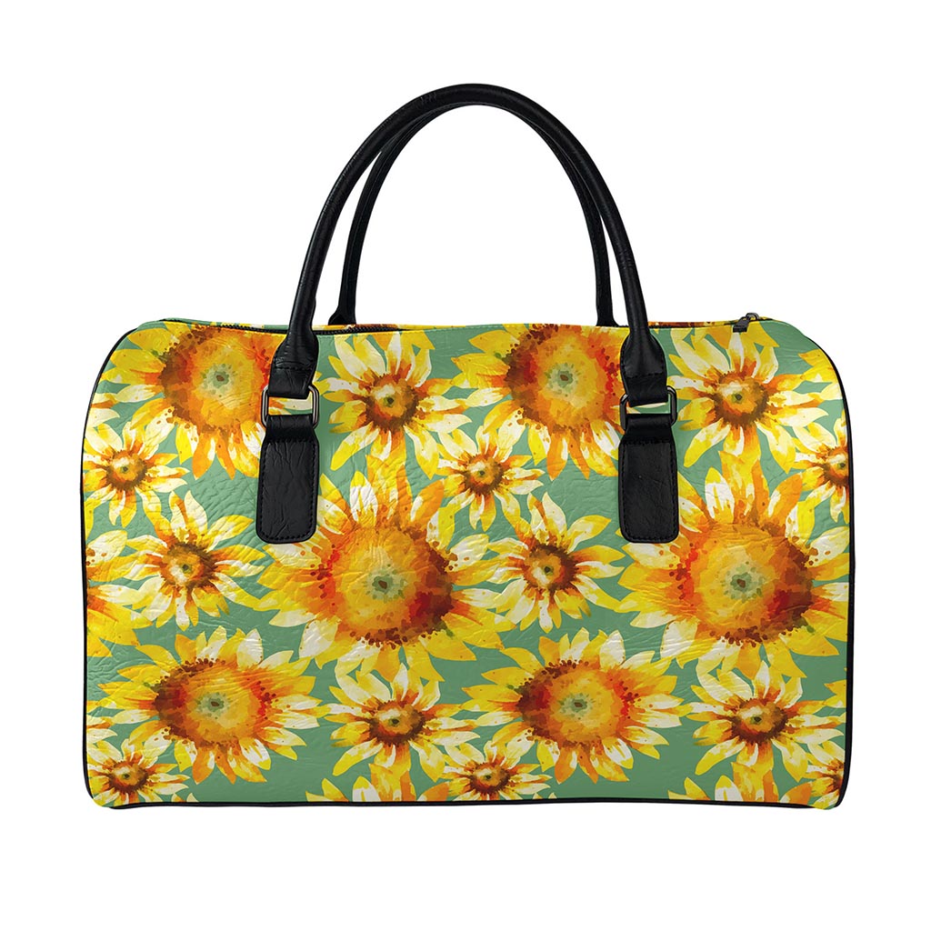 Sage Watercolor Sunflower Pattern Print Leather Duffle Bag
