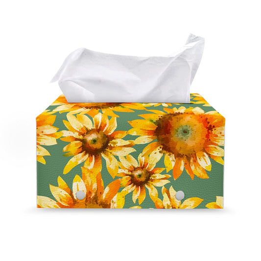Sage Watercolor Sunflower Pattern Print Leather Tissue Box Cover
