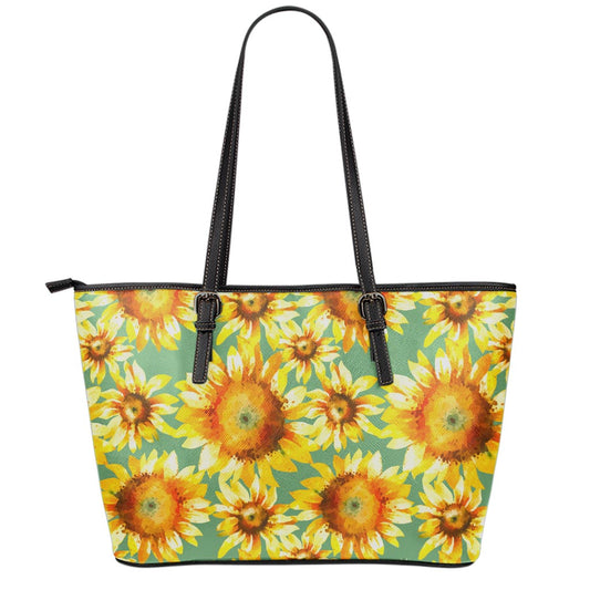 Sage Watercolor Sunflower Pattern Print Leather Tote Bag