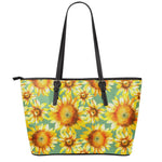Sage Watercolor Sunflower Pattern Print Leather Tote Bag