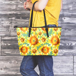 Sage Watercolor Sunflower Pattern Print Leather Tote Bag