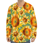 Sage Watercolor Sunflower Pattern Print Long Sleeve Baseball Jersey