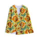 Sage Watercolor Sunflower Pattern Print Long Sleeve Short Coat
