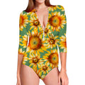 Sage Watercolor Sunflower Pattern Print Long Sleeve Swimsuit