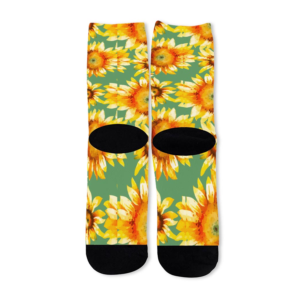 Sage Watercolor Sunflower Pattern Print Long Socks