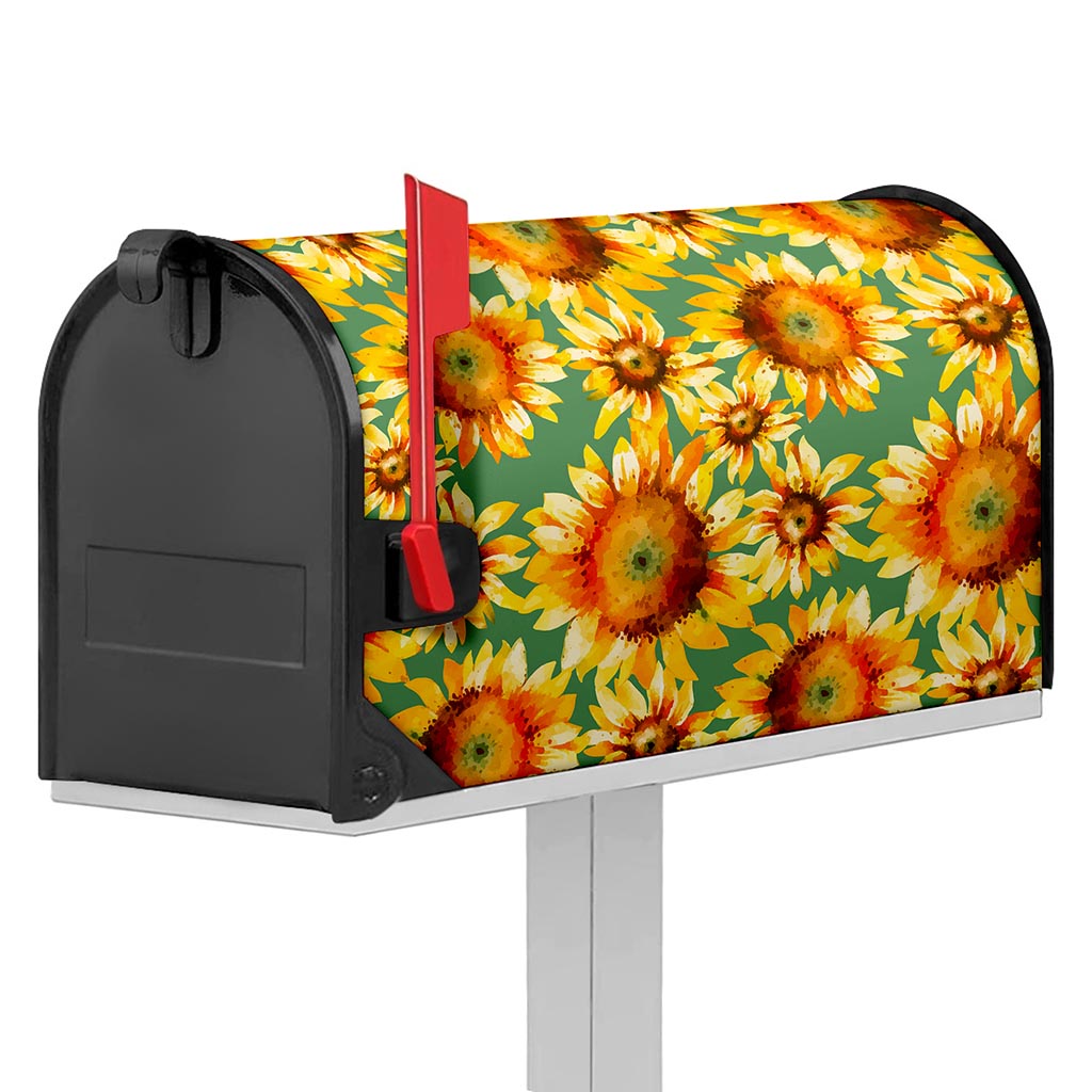 Sage Watercolor Sunflower Pattern Print Mailbox Cover